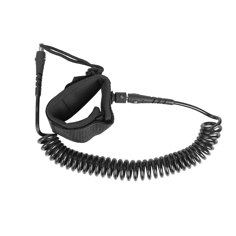 Black coiled leash with a padded wrist strap and quick-release connector, shown on a plain white background.