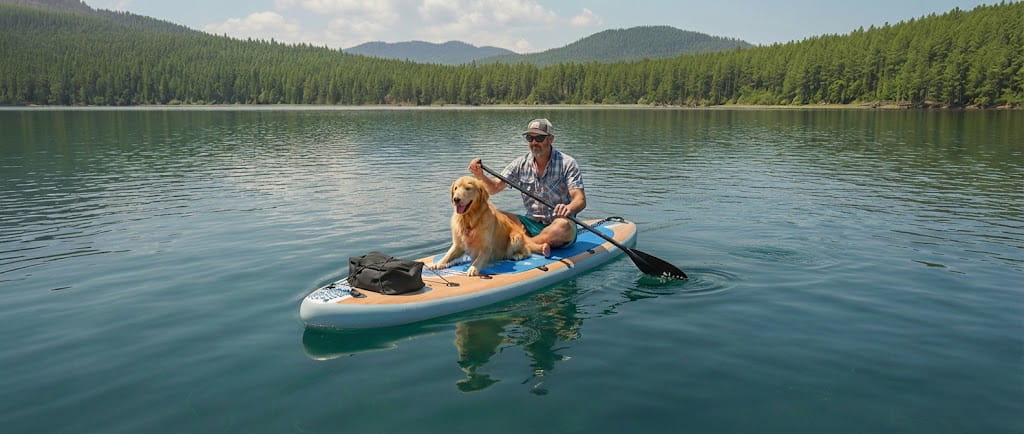 man with a golden retirever on a paddleboard on a lake