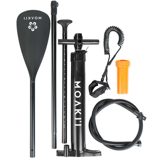 Moaki'i ISUP accessory kit with adjustable paddle, high-pressure pump, coiled safety leash, and repair kit.