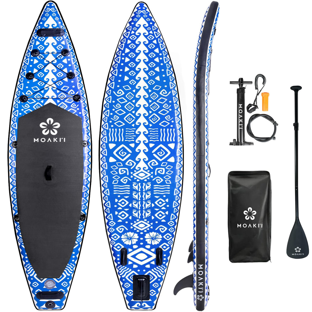 Moaki'i Seeker 11'6" Touring Inflatable Paddleboard complete kit with blue geometric tribal pattern, travel bag, and pump.