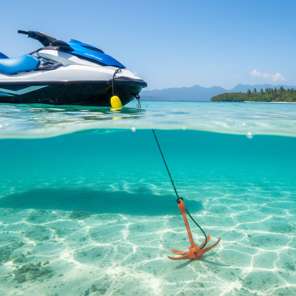 Watersports vehicle on the surface with an anchor on the seabed, split view.