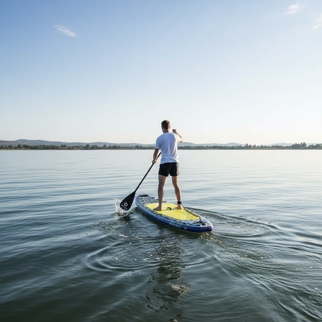 Rear view of a paddler on the Moaki'i Trekker, demonstrating smooth glide on calm lake water.