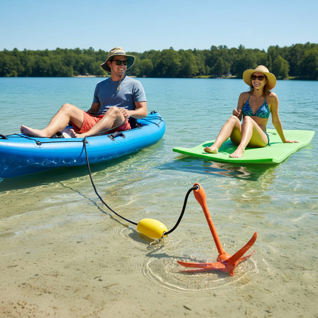 Two people on a lake with a kayak and paddle board, and a red anchor with a yellow buoy in the foreground.