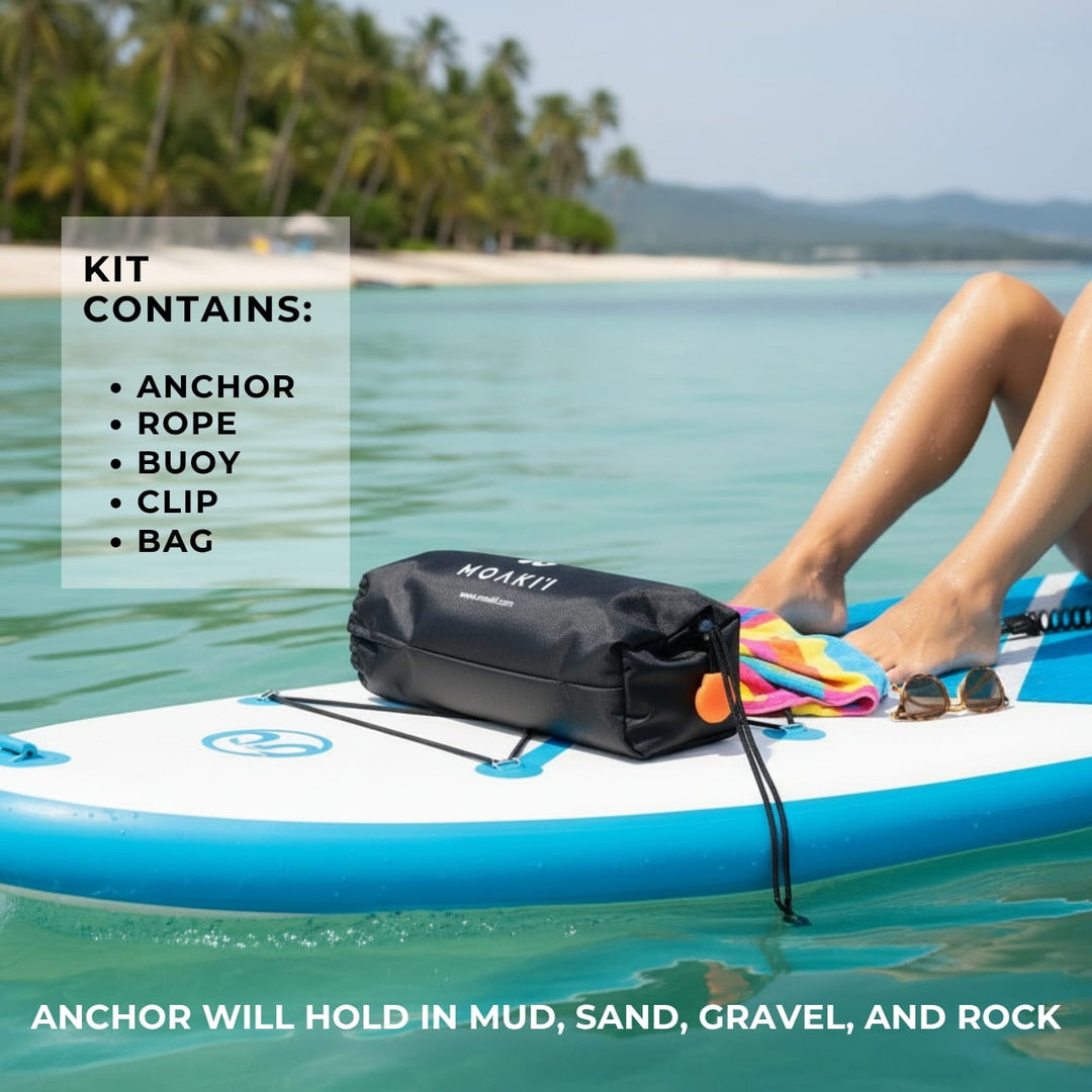 Person on a paddleboard with a kit containing anchor, rope, buoy, clip, and bag in a tropical setting.