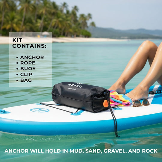Person on a paddleboard with a kit containing anchor, rope, buoy, clip, and bag in a tropical setting.
