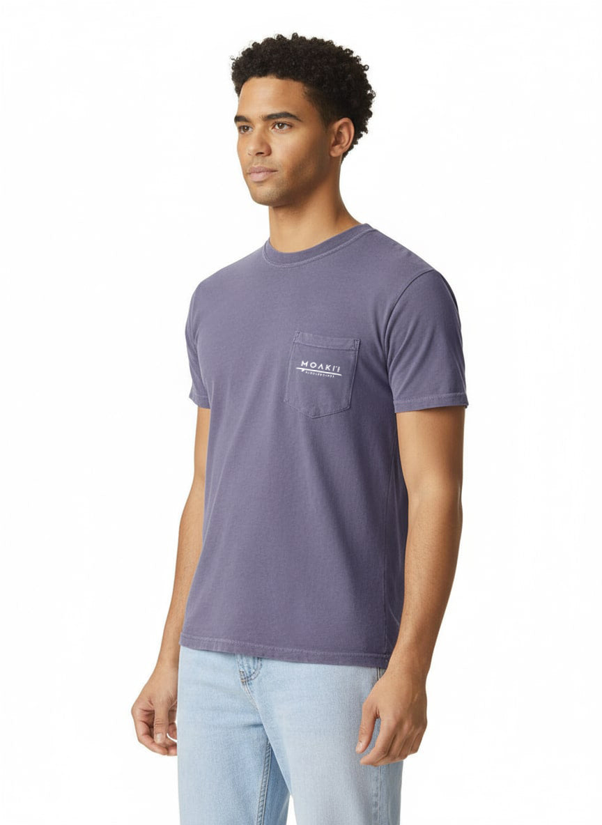 Man wearing a purple t-shirt with a logo on a white background