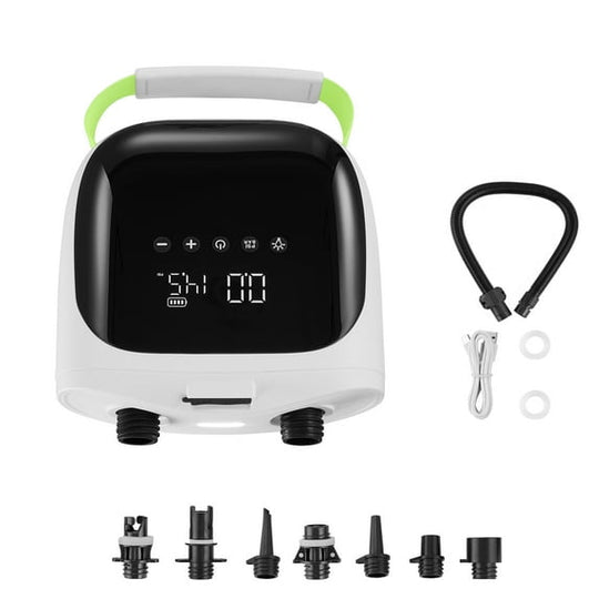Portable air compressor with digital display and accessories on a white background