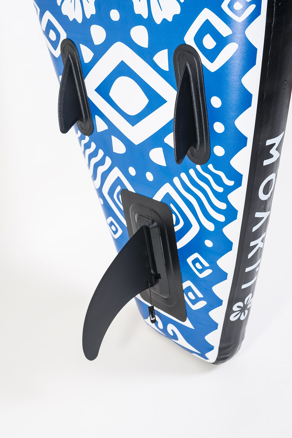 Underside view of the Seeker's three-fin system designed for straight-line tracking on long expeditions.
