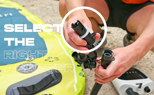 Person holding an air pump with text 'SELECT THE RIGHT ADAPTER' on a yellow and blue background.
