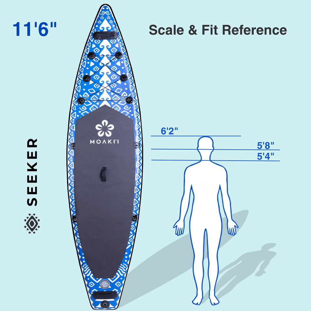 Seeker 11'6" ISUP scale and fit reference chart highlighting its length for touring and extra-wide stability.