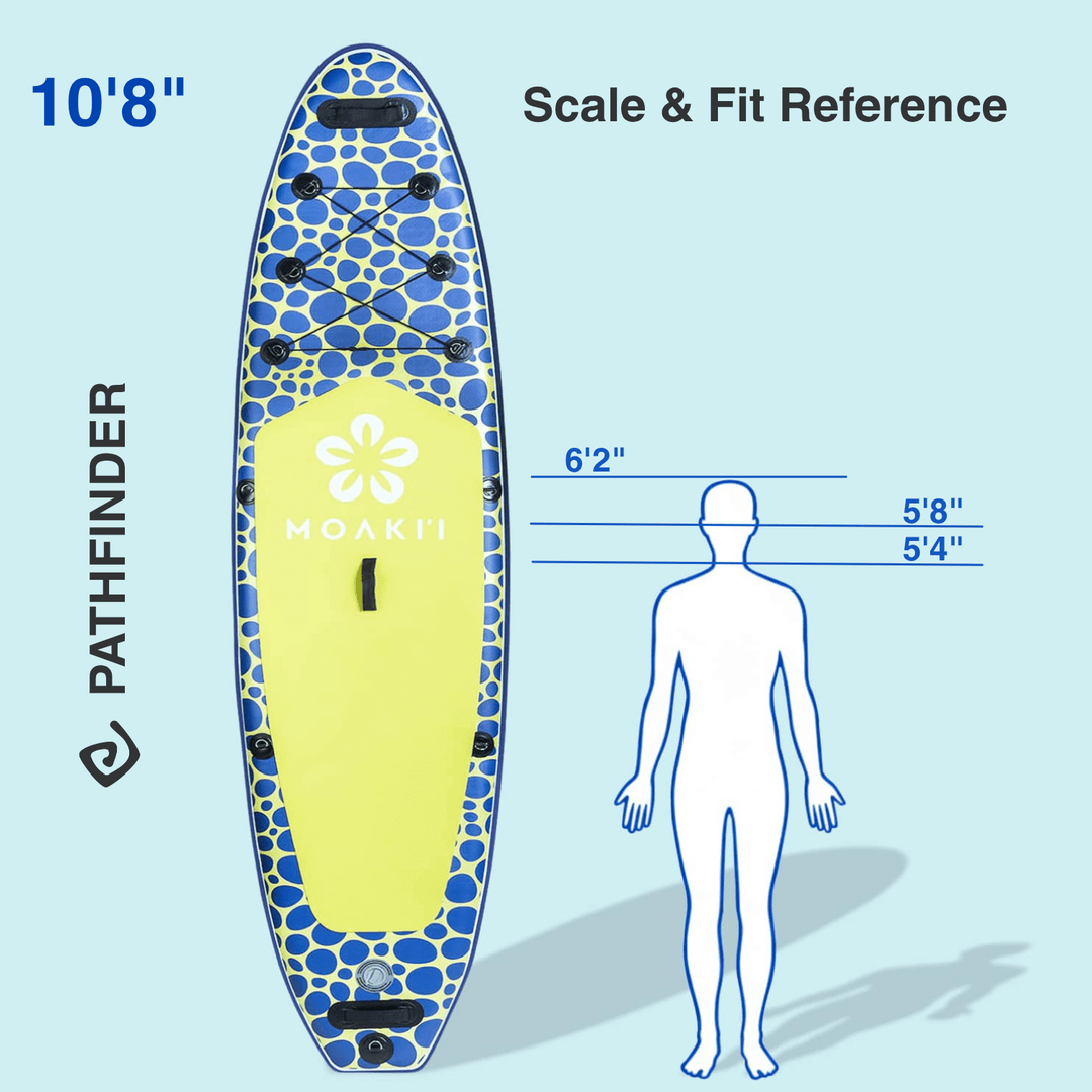 Trekker 10'4" ISUP scale and fit reference comparing board size to a human silhouette.