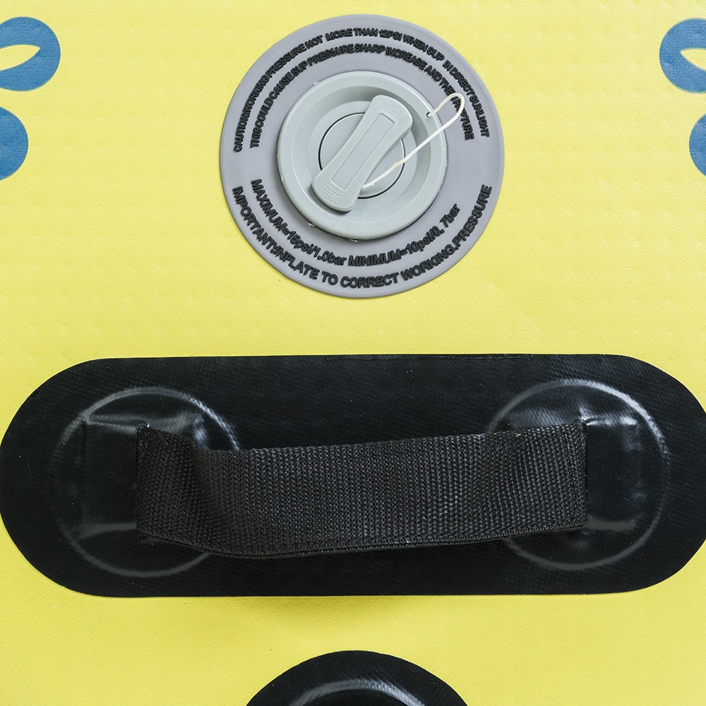 Close-up of the Trekker's inflation valve and heavy-duty center carry handle.