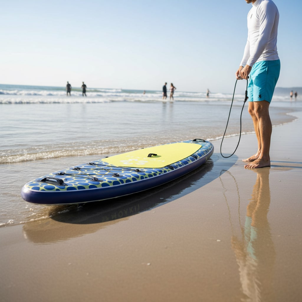 Moaki'i Trekker 10'4" resting on the shoreline, highlighting its portable design for easy beach launches.