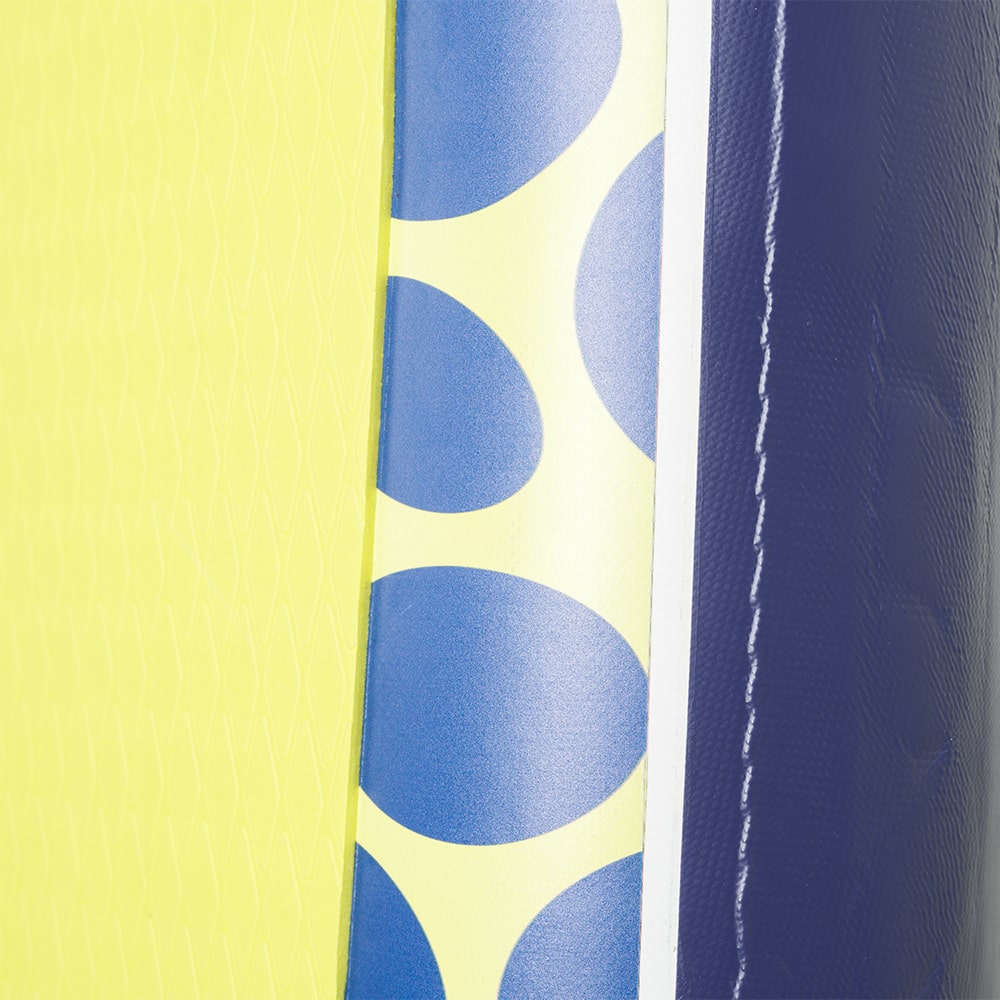 Side view of the Trekker's vibrant lime and blue mosaic pattern and durable rail construction.