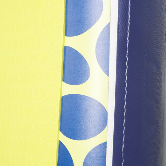 Side view of the Trekker's vibrant lime and blue mosaic pattern and durable rail construction.
