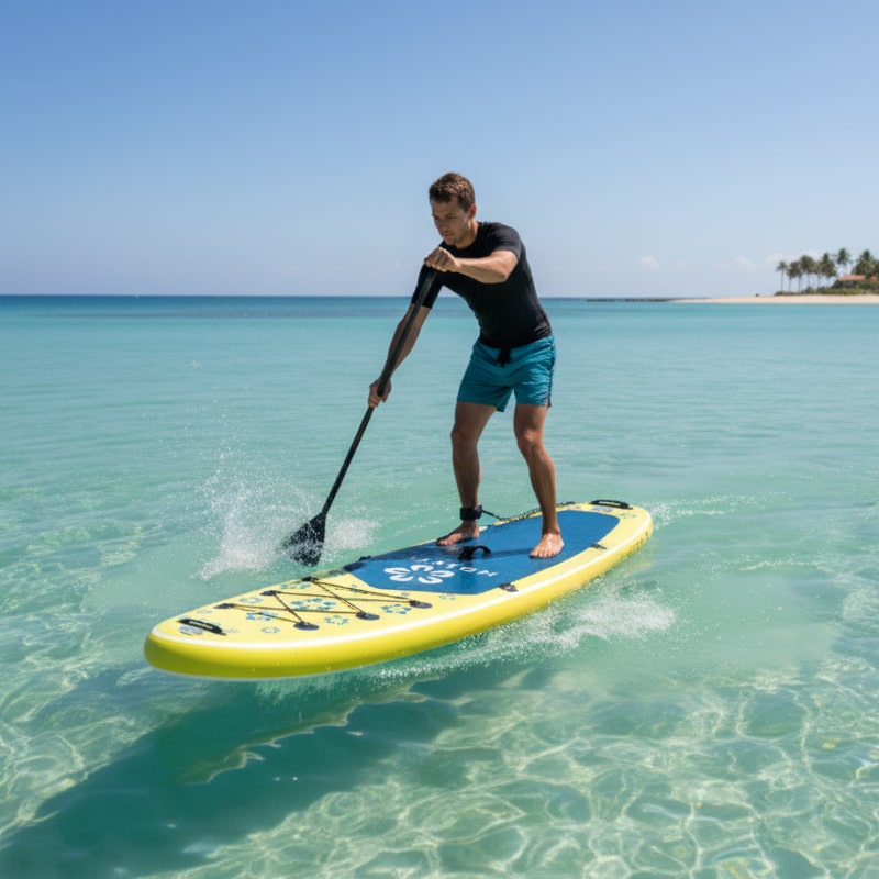 Man paddling the yellow Trekker in clear tropical water, demonstrating its stability.