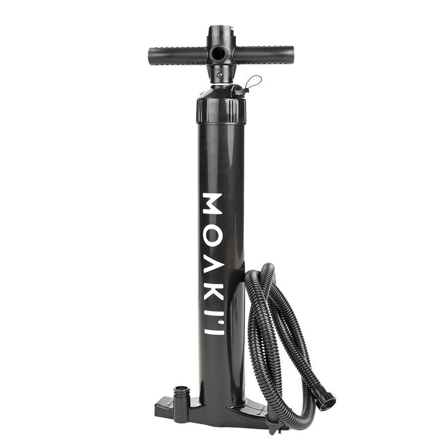 A black manual bicycle pump with a T-handle, standing upright on a base with a coiled hose, featuring the brand name 'MOAKI' printed vertically in white on the pump cylinder, set against a plain white background.