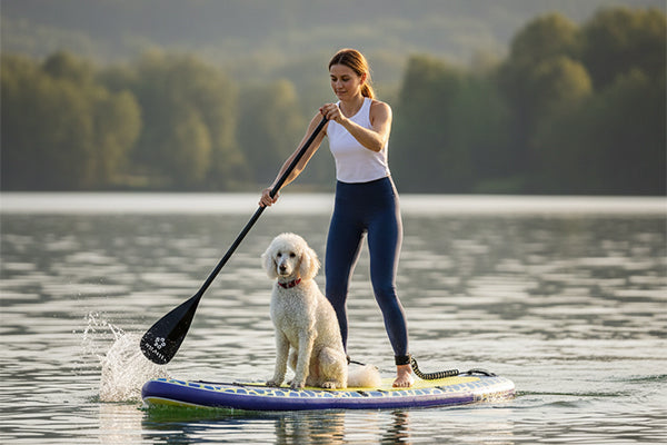 Woman and her dog enjoying a ride on the Trekker, emphasizing its extra-stable platform for pets.