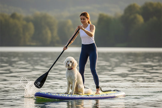 Woman and her dog enjoying a ride on the Trekker, emphasizing its extra-stable platform for pets.