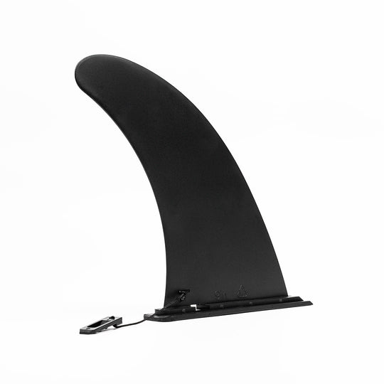 Black paddle board fin on a white background