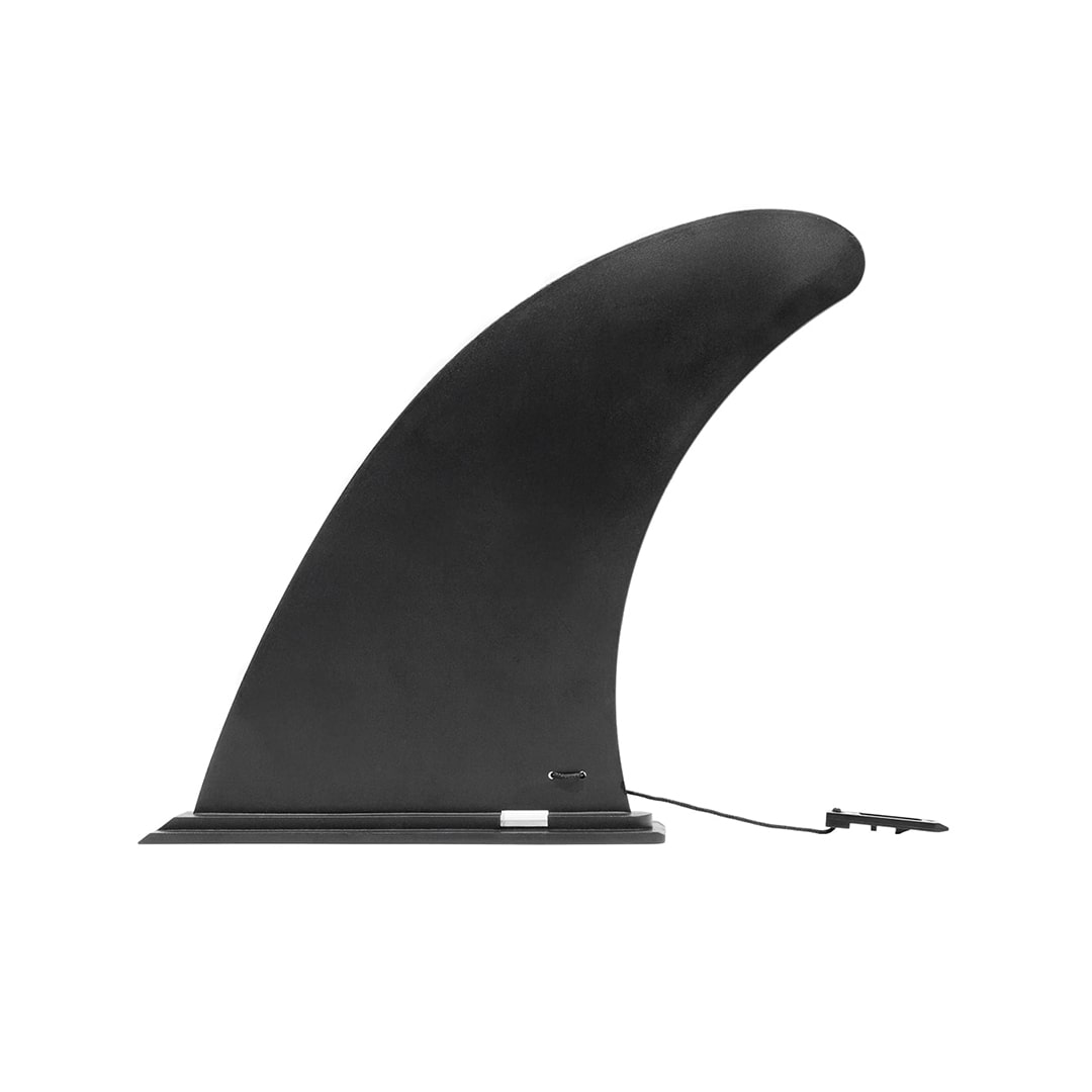 Black paddleboard fin on a white background
