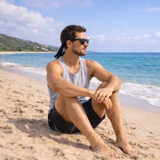 Man sitting on a beach with sunglasses and a backpack, looking out at the ocean.
