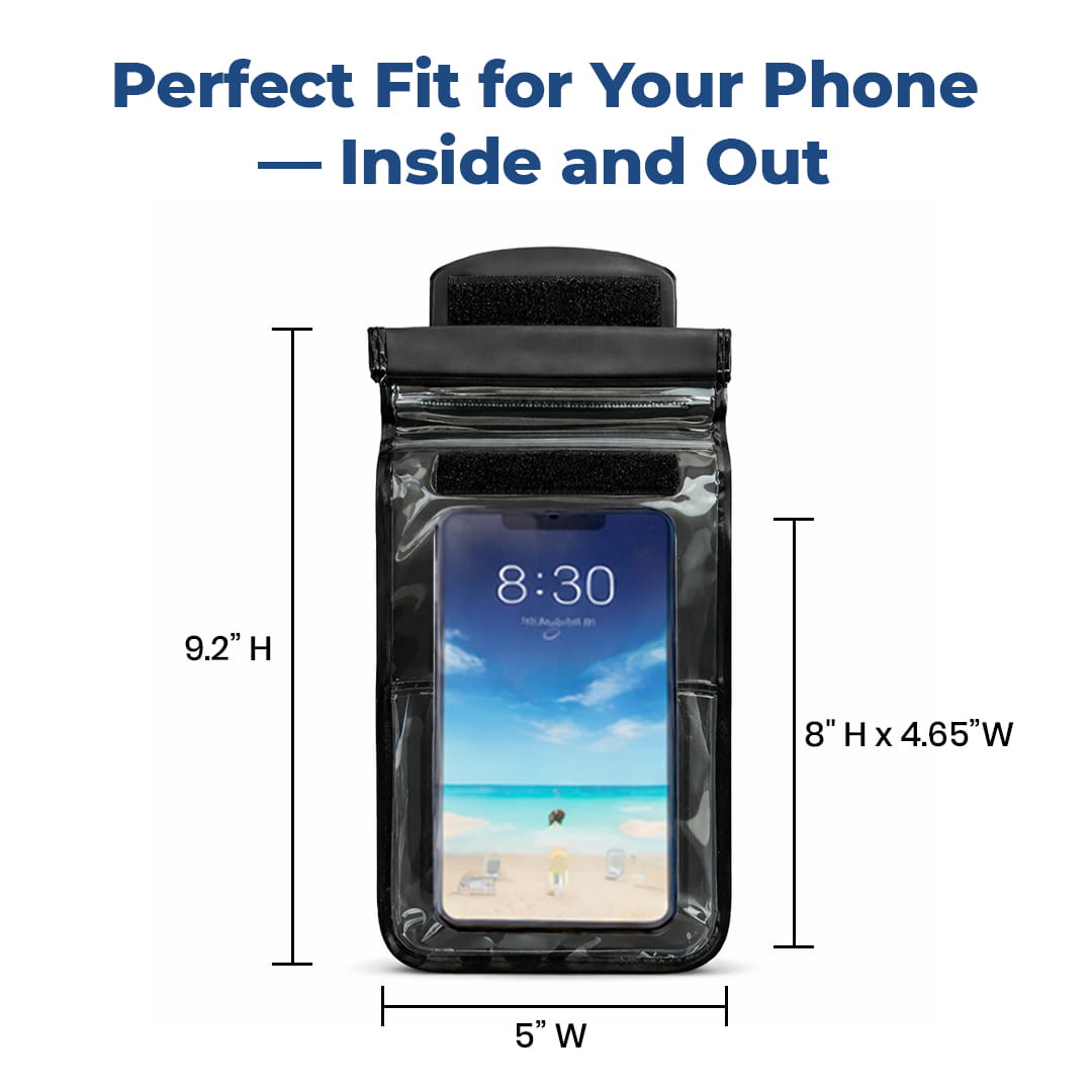 Phone armband with dimensions and text 'Perfect Fit for Your Phone - Inside and Out' on a white background