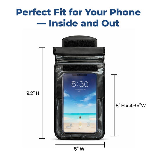 Phone armband with dimensions and text 'Perfect Fit for Your Phone - Inside and Out' on a white background