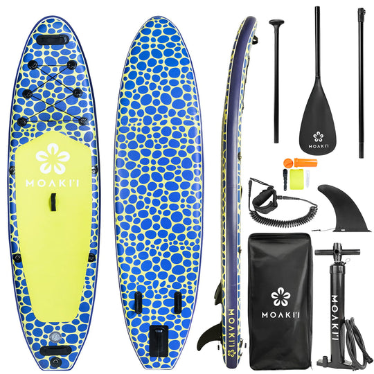 Inflatable paddle board set with blue and yellow design, including paddles, leash, and pump, on a white background.