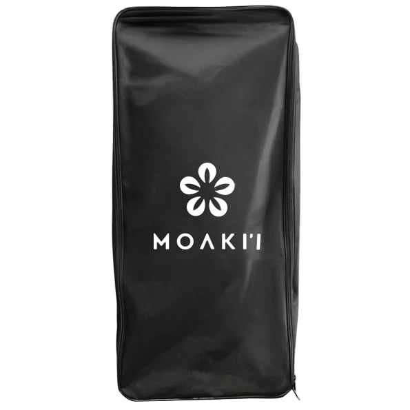 A black zippered protective cover or bag with a white MOAKI' logo and flower emblem printed on the front, shown against a plain white background.