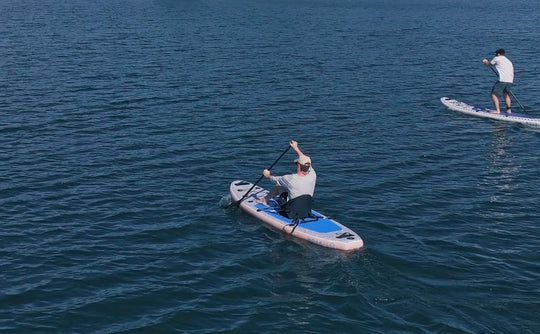 Two people paddleboarding on a calm blue ocean.