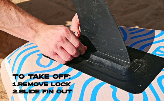 Person using a black fin removal tool on a surfboard with text instructions.