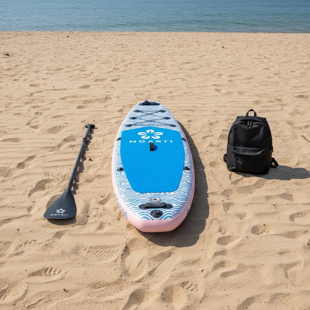 The Moaki'i Trekker resting on a lake shore, highlighting its vibrant blue and pink wave design.