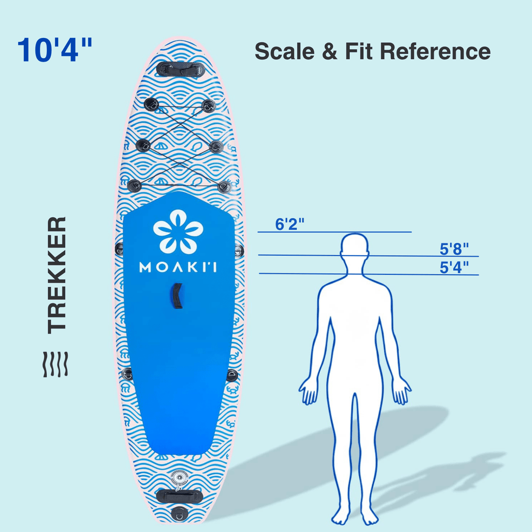 Trekker 10'4" ISUP scale and fit reference chart comparing board size to a human silhouette.