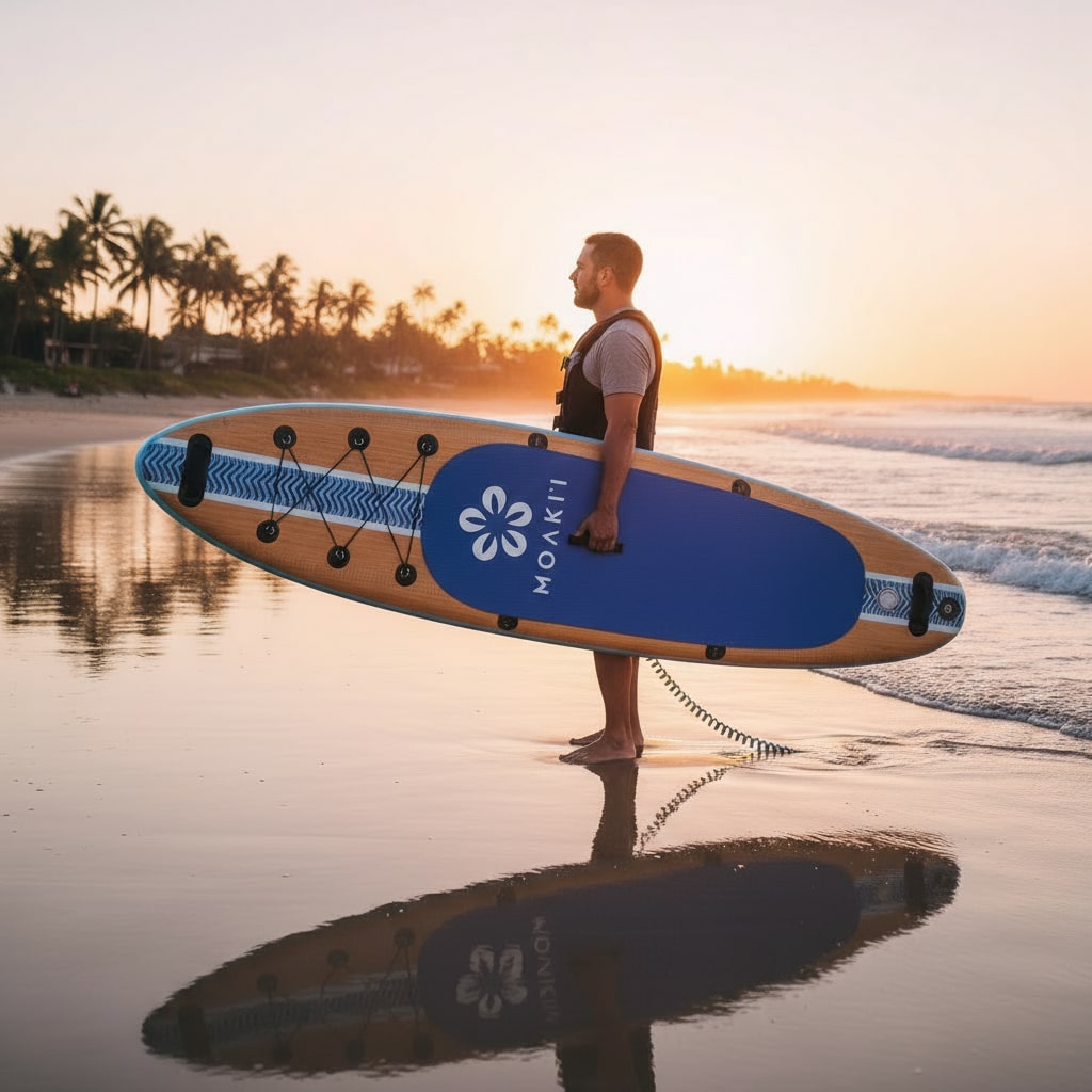 High-contrast lifestyle shot of the Moaki'i Kiva at sunset, emphasizing the premium wood-look finish.