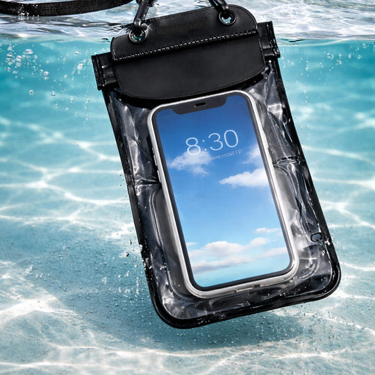Waterproof phone case with a smartphone displaying the time, submerged in water.