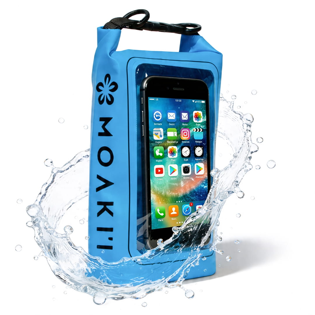 Blue waterproof phone case with a smartphone inside, splashing water effect on a white background