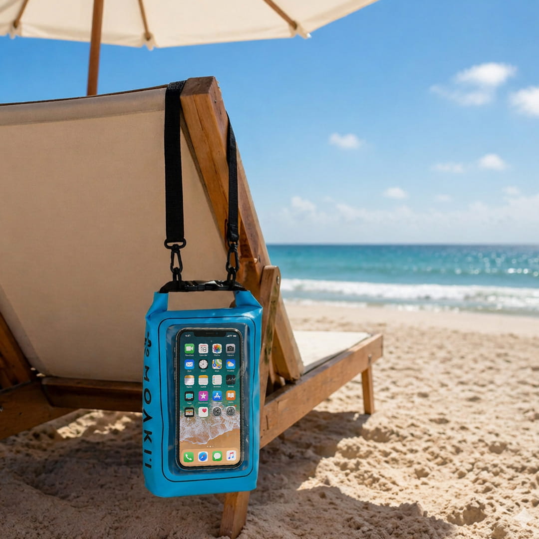 Blue phone case on a beach chair with ocean view