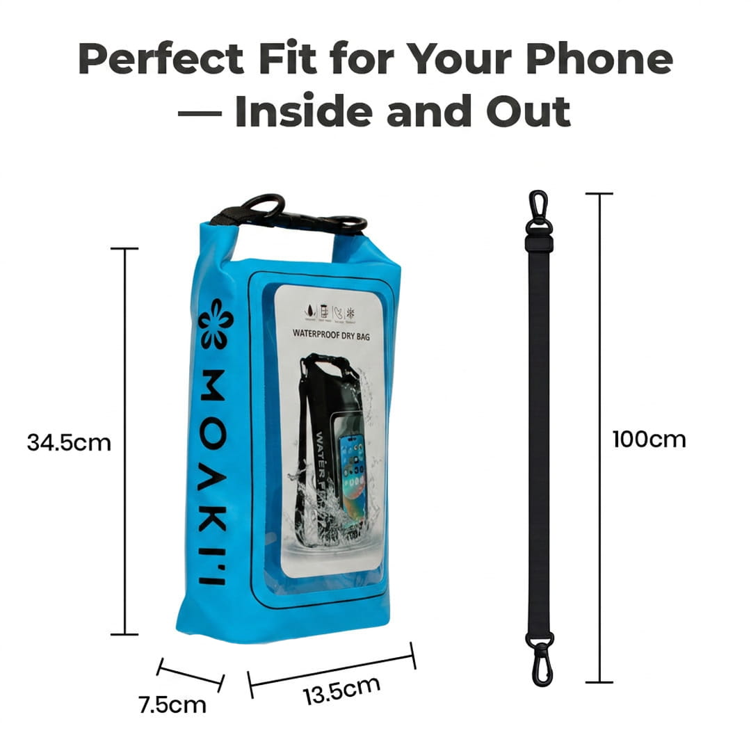 Blue MoKii waterproof dry bag with dimensions and phone inside on a white background