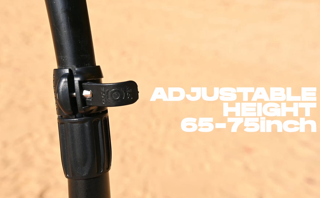 Black adjustable height SUP paddle with text on a beige background