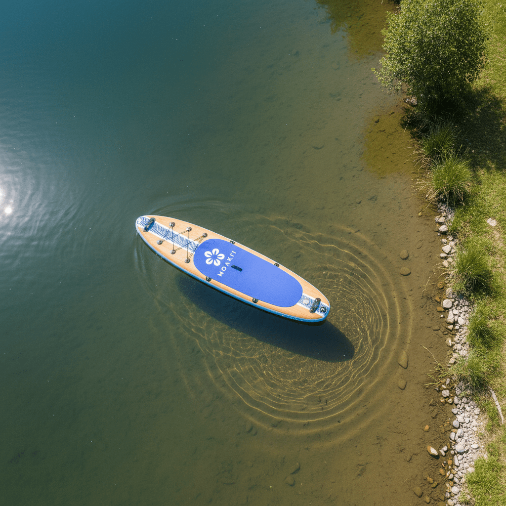 Aerial view of the Kiva 11' on a lake, highlighting its sleek touring shape and tracking efficiency.