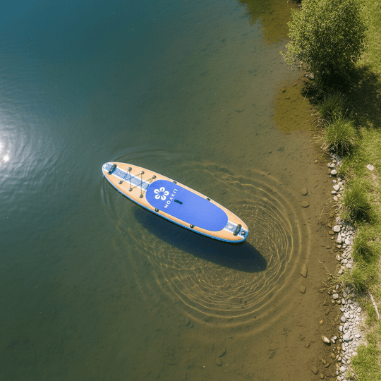 Aerial view of the Kiva 11' on a lake, highlighting its sleek touring shape and tracking efficiency.