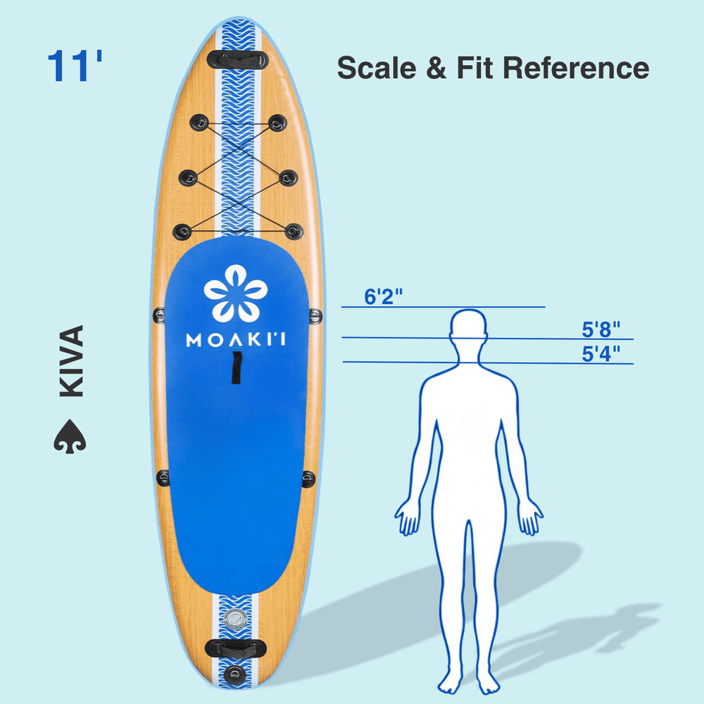 Kiva 11' paddleboard size and fit reference showing board dimensions against a human silhouette