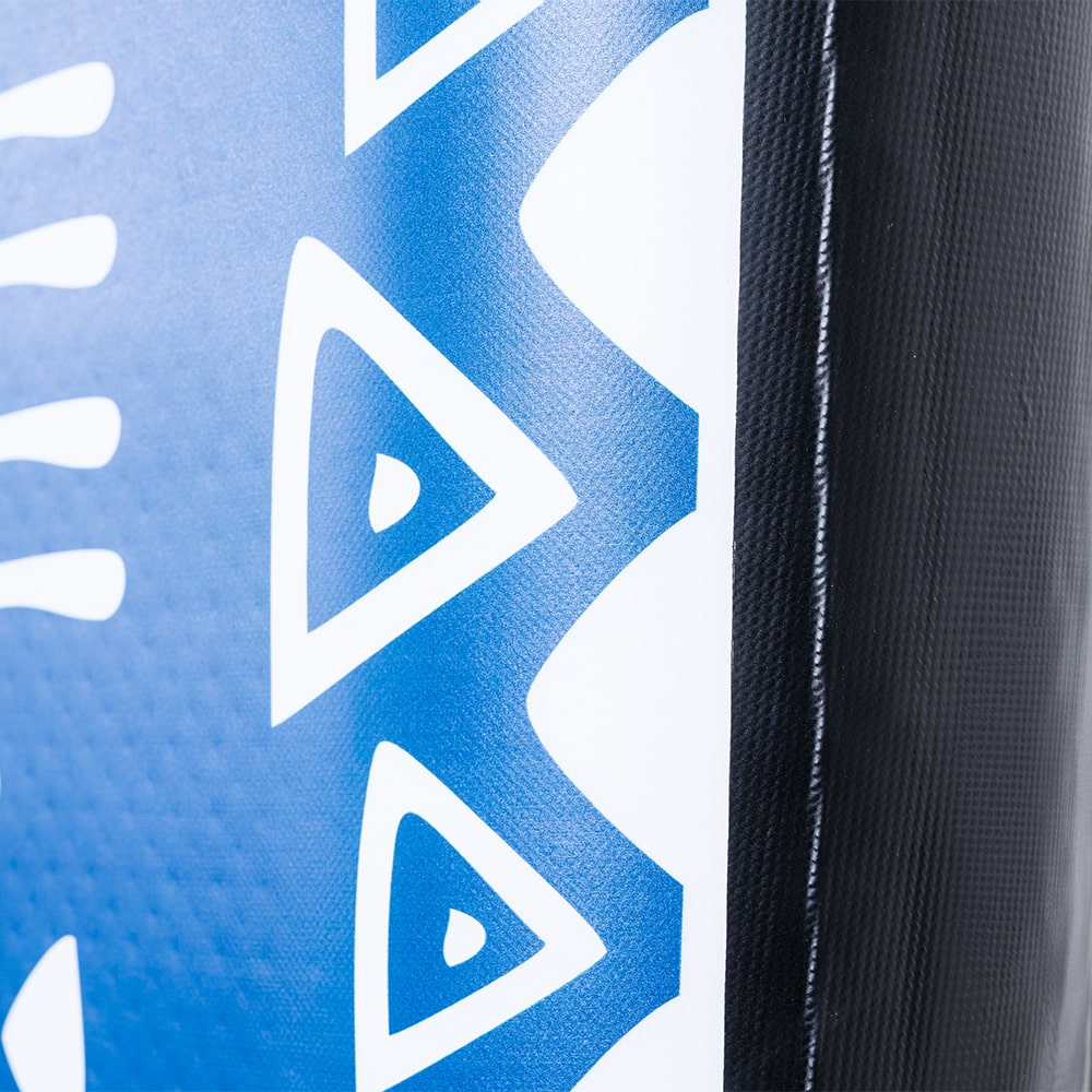 Close-up of the blue geometric tribal pattern on the Moaki'i Seeker rail.