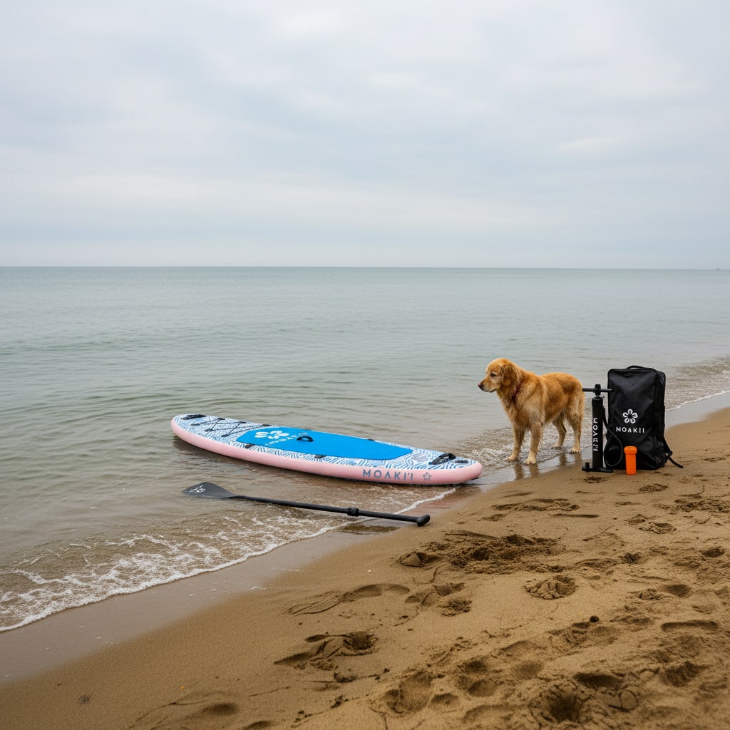 Woman kneeling with the Trekker on a sandy beach, showcasing its easy transport and setup.