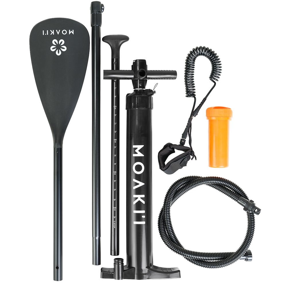 High-pressure pump, 3-piece adjustable paddle, and safety leash included with the Moaki'i Trekker kit.