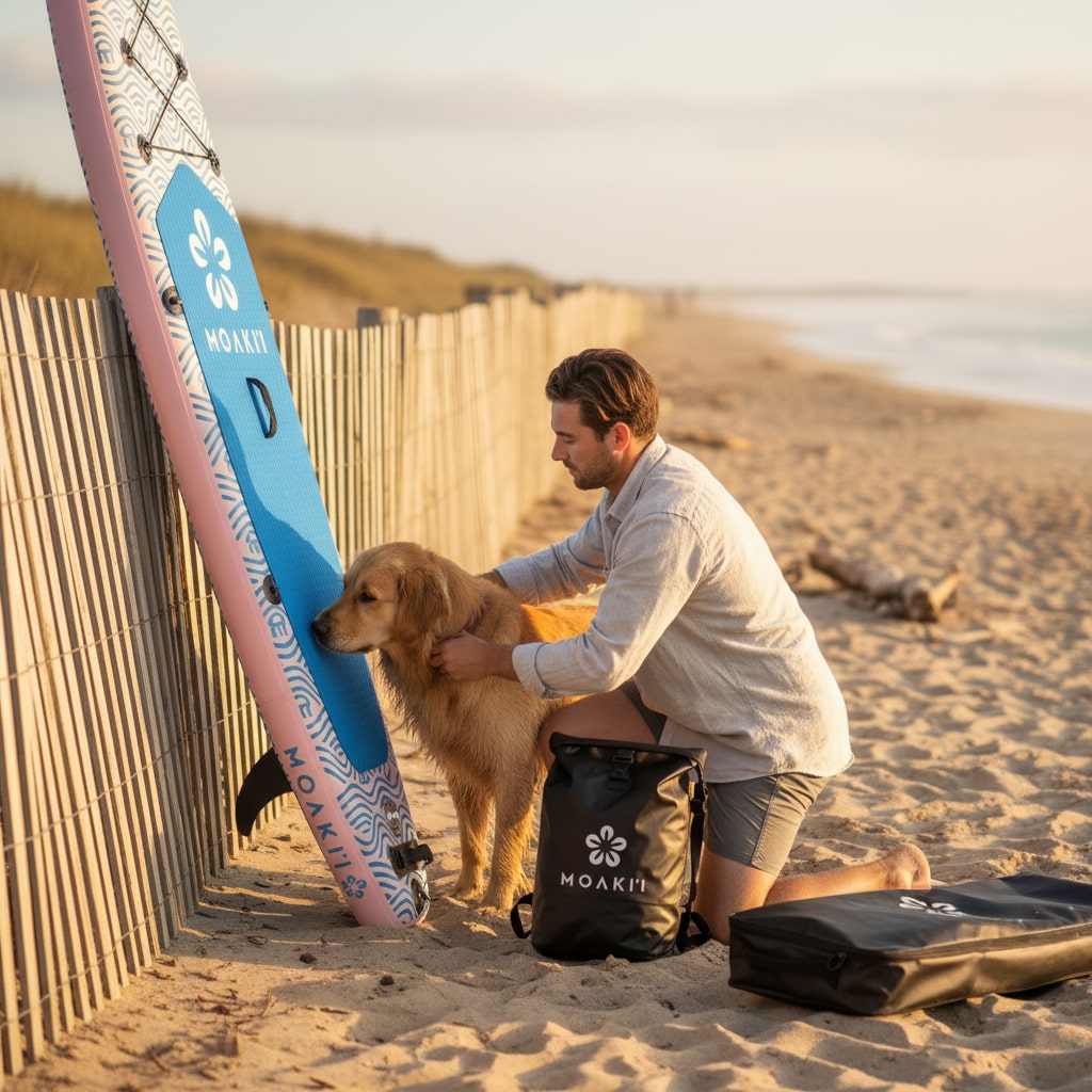Paddler sitting by the Trekker with a dog, demonstrating it as a pet-friendly paddleboard option.