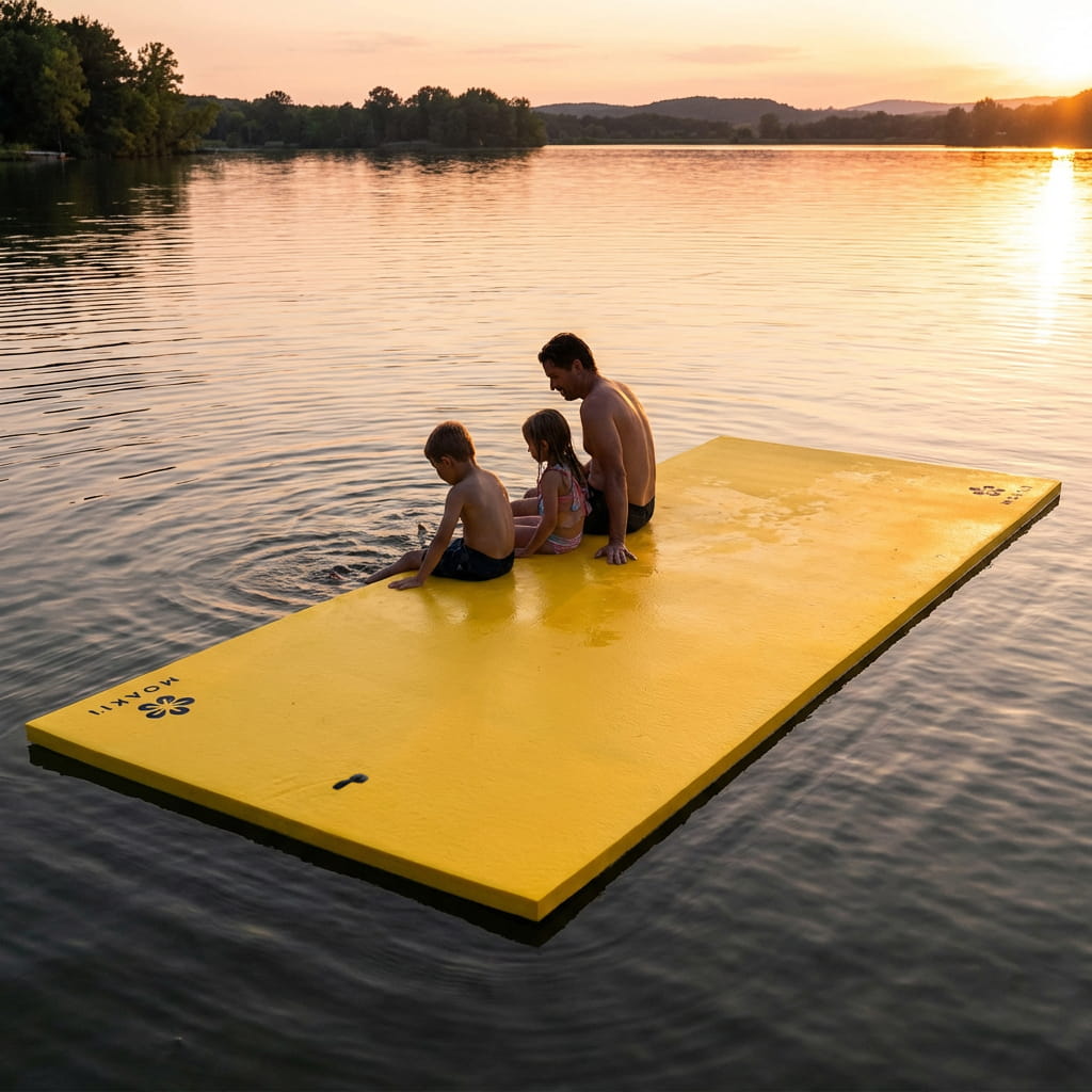 Family on a yellow floating platform in a lake at sunset
