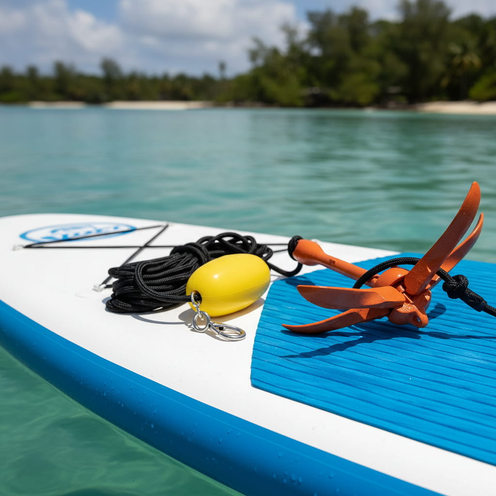 Paddleboard with a yellow buoy and orange anchor on a body of water with trees in the background
