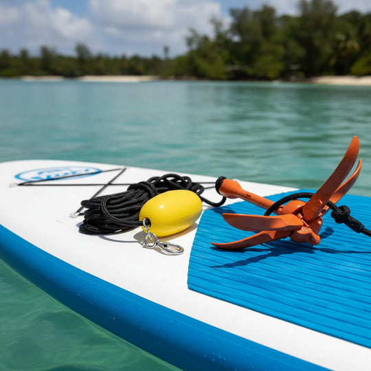 Paddleboard with a yellow buoy and orange anchor on a body of water with trees in the background